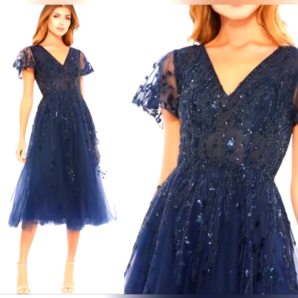 MAC DUGGAL Midnight Navy 20304 Beaded Flutter Sleeve Tulle T Length Dress 8 NWT